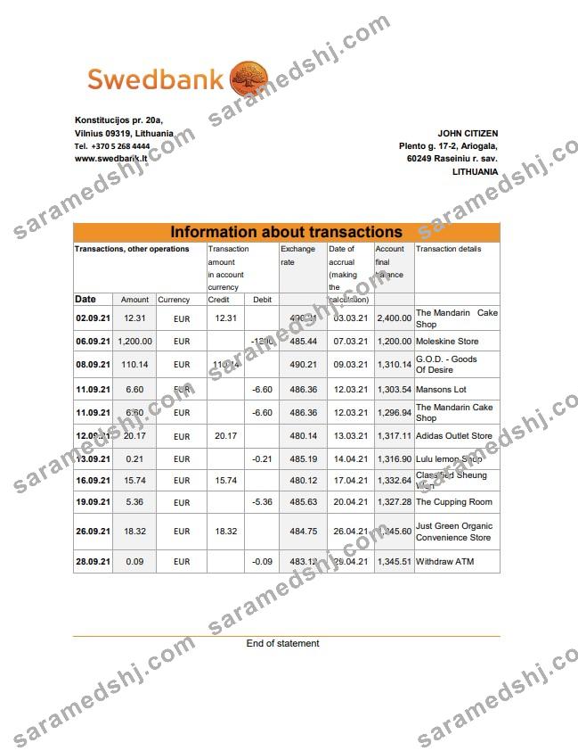 Lithuania Swedbank bank statement easy to fill template in .xls and .pdf file format
